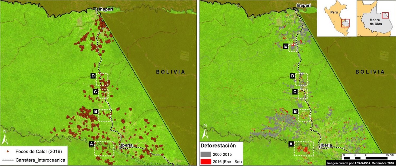 Deforestación alrededor de la carretera Interoceánica. Datos: UMD/GLAD, Hansen/UMD/Google/USGS/NASA, USGS/NASA, INPE.